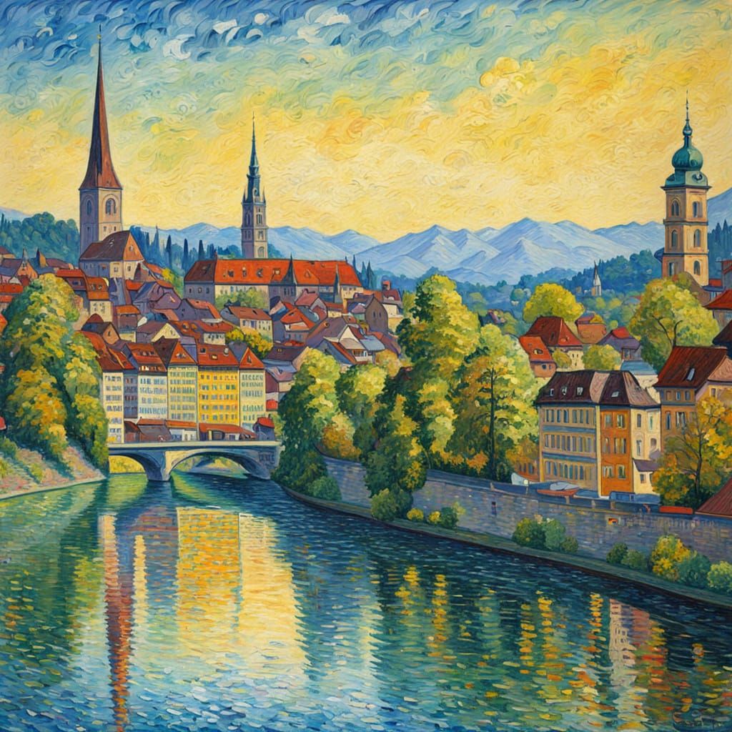 Neo-Impressionist Bern Cityscape with Aare River