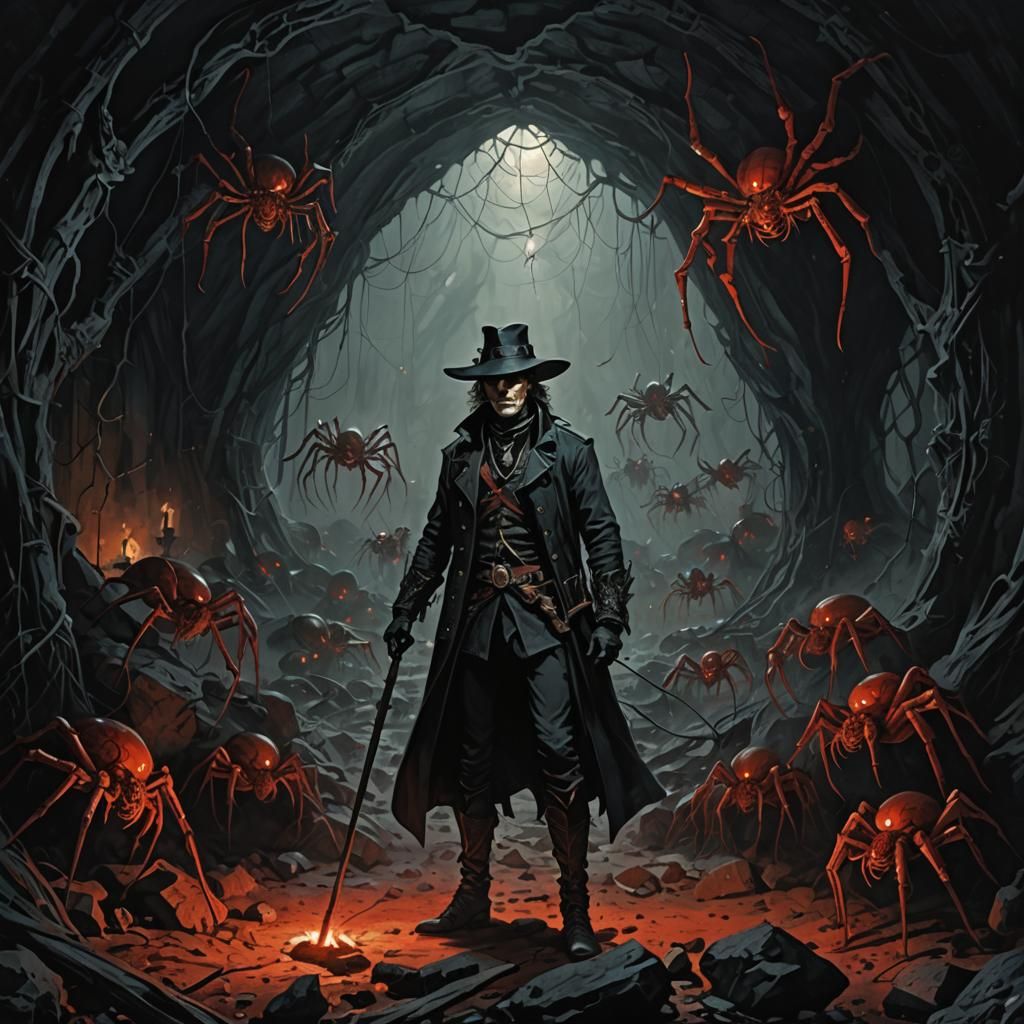 underground cave lair of hundreds of spooky spiders and webs...