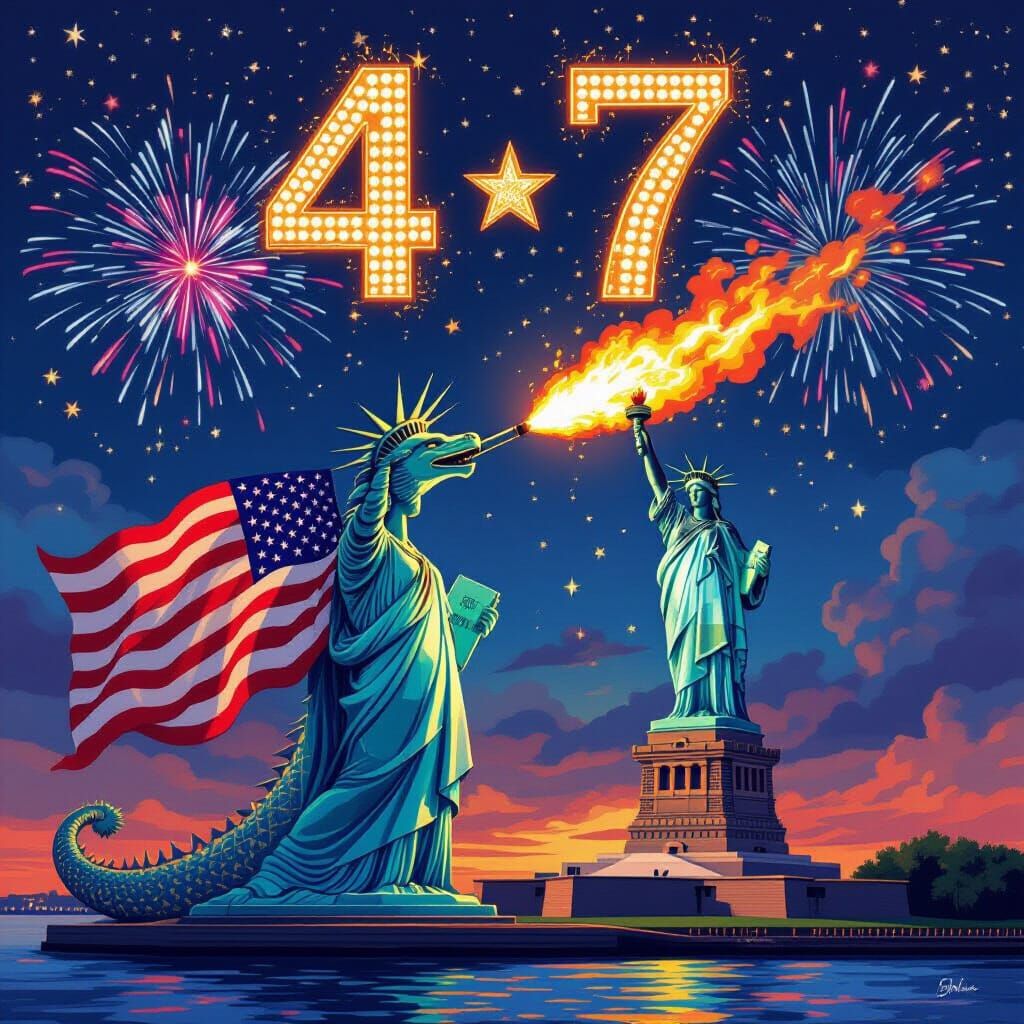 American Flag Dragon Lights Liberty Torch