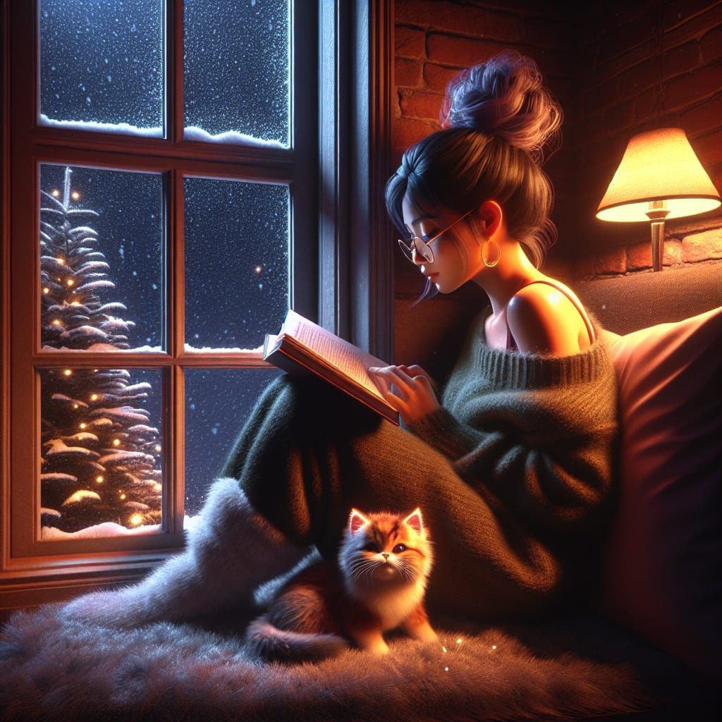 Serene Winter Evening with a South Asian Woman and Kitten