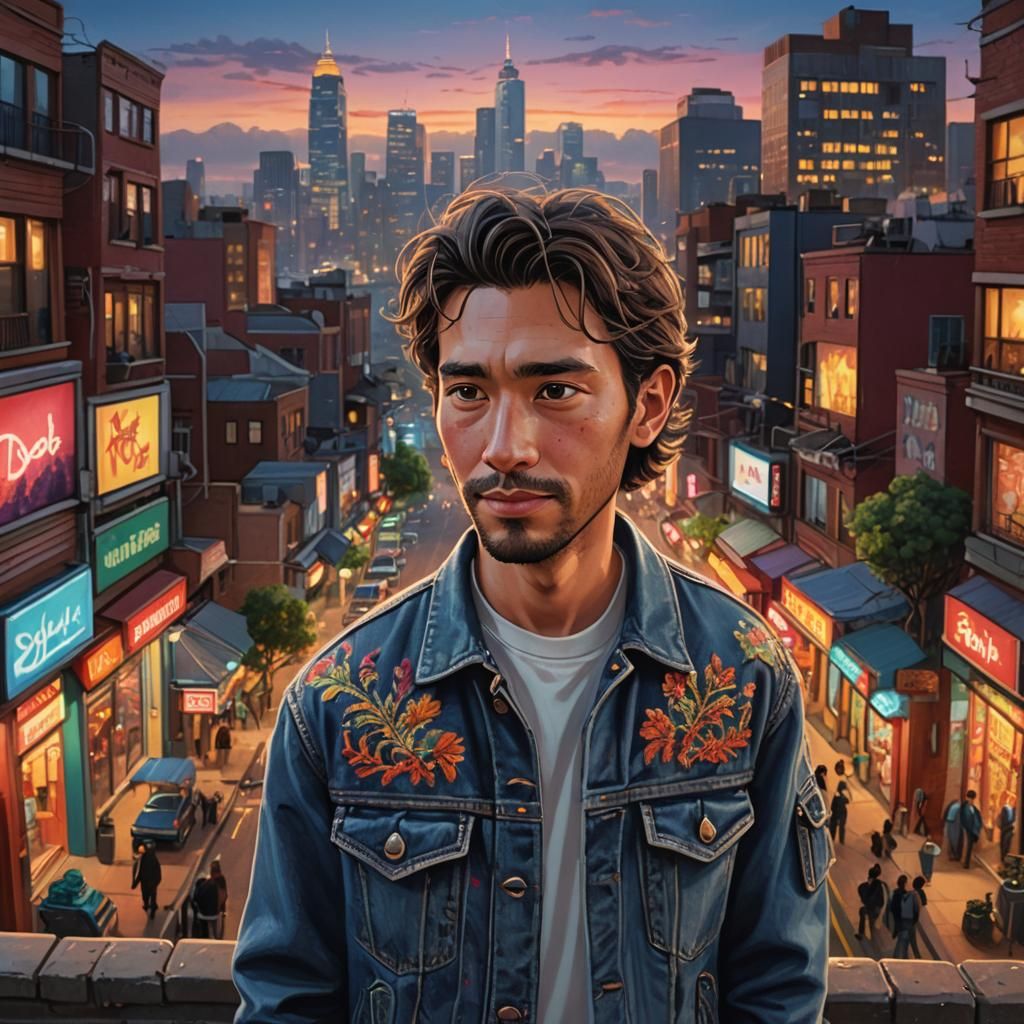 Hyperrealistic Portrait: Man in Embroidered Denim Jacket