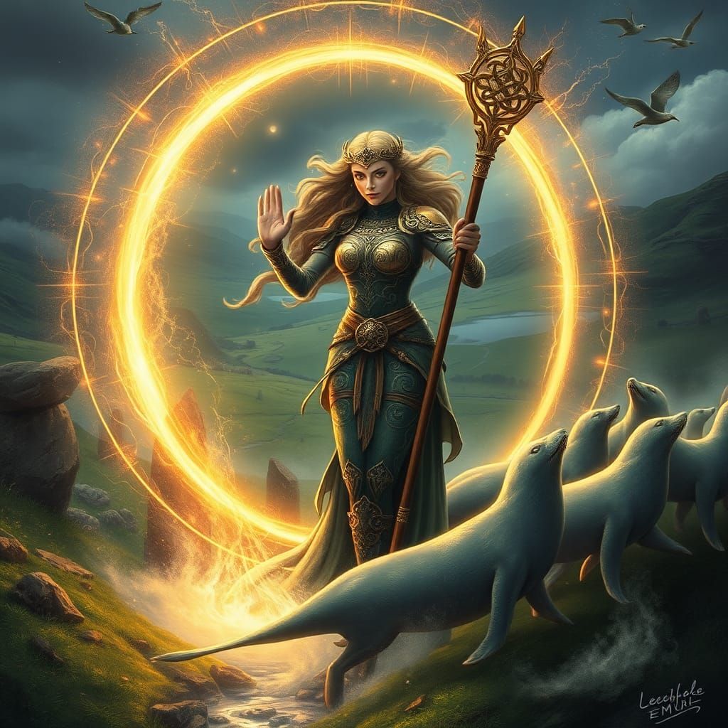 Miniature Celtic Mythological with celtic Goddess of magic fighting against selkiies  landscape inside a Open portal