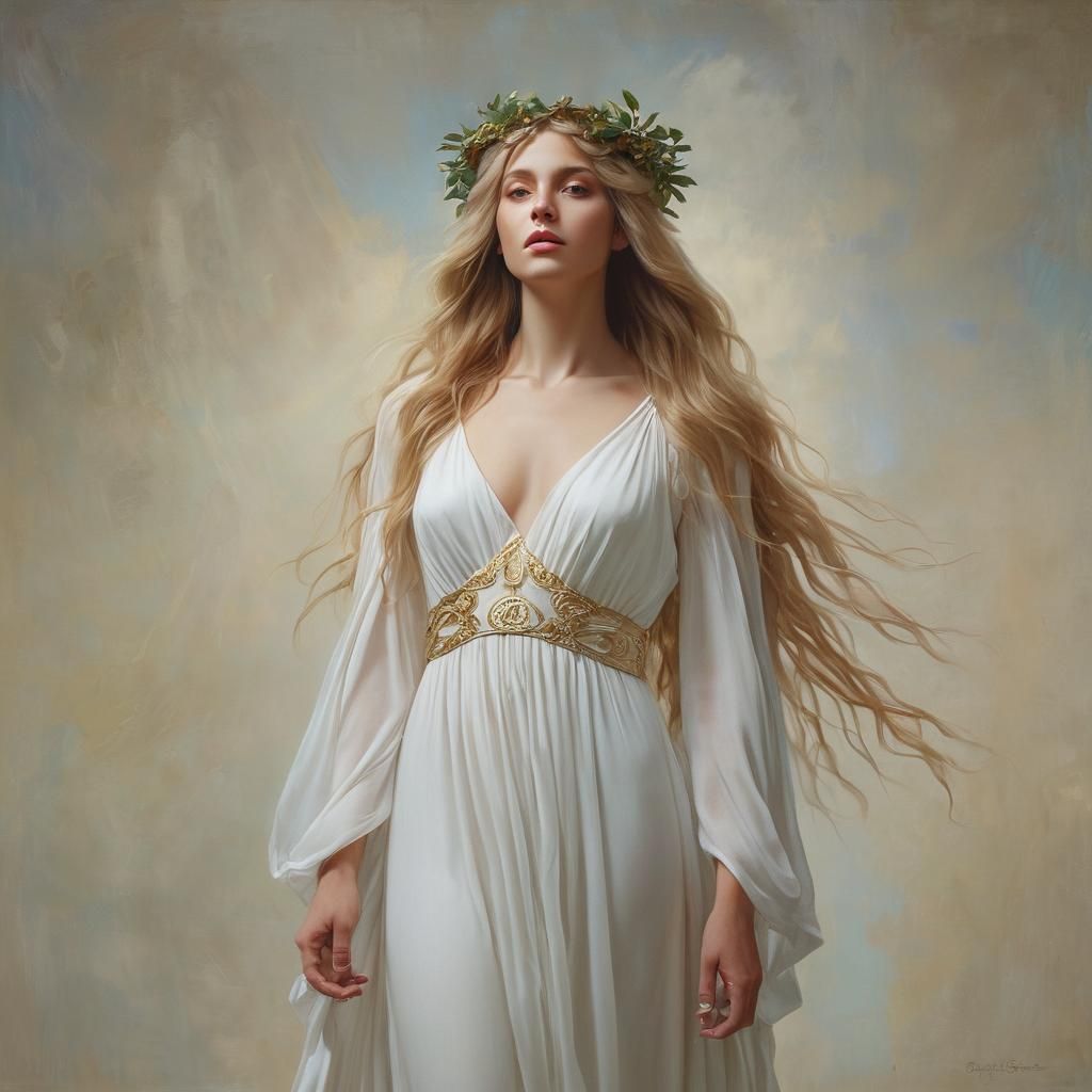 Surreal Goddess with Flowing Gown as Oil Painting