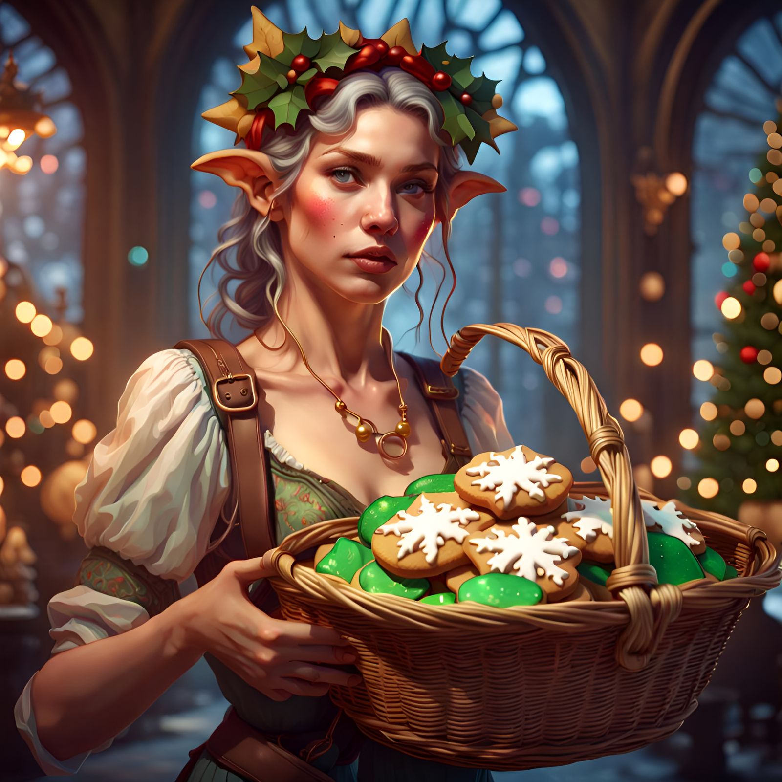 Elf Woman Portrait with Christmas Cookies