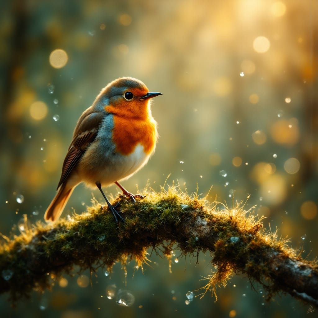 Tiny British Robin on Mossy Branch at Dawn