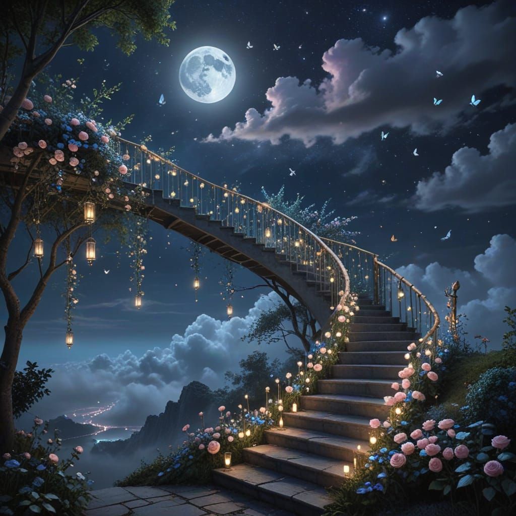 Ethereal Stairway to Mountain Top in Anime Realism