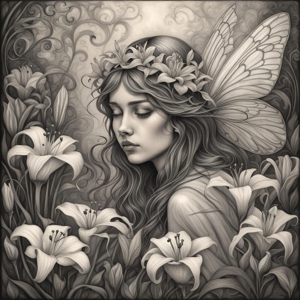 Crying Fairy in Lily Petals: Art Nouveau Charcoal