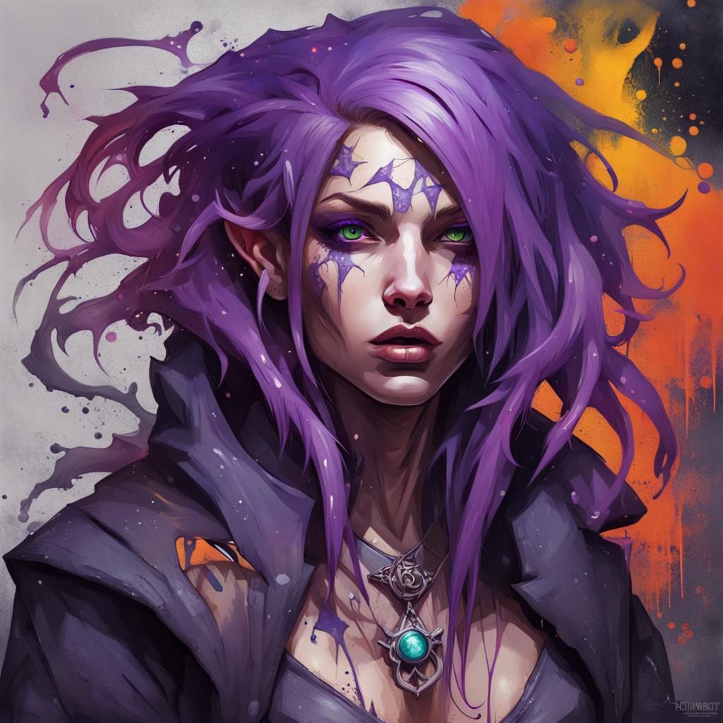 Purple-Haired Sorceress in Graffiti Splash Art