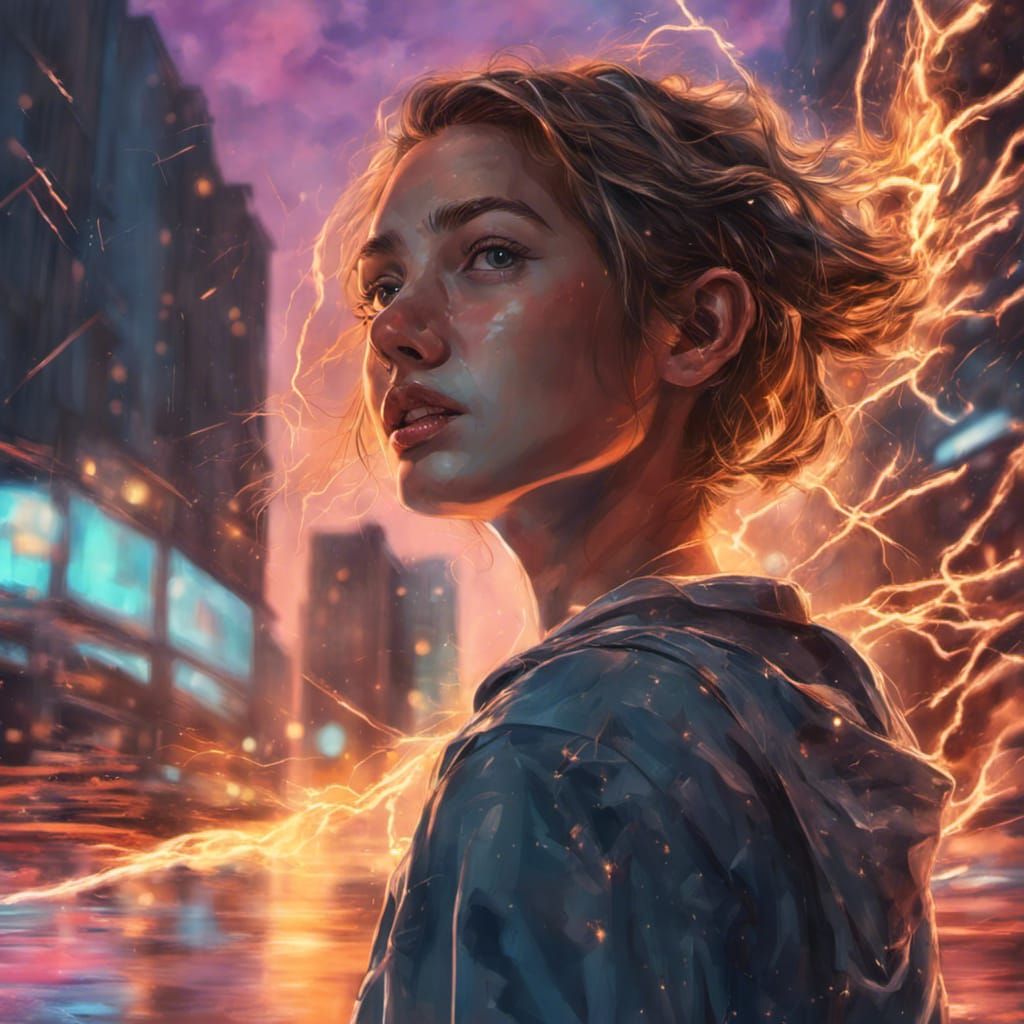 Hyperrealistic Girl with Electricity Superpower in City