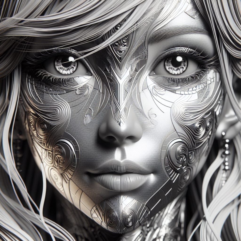 Anime Woman Portrait in Black and White