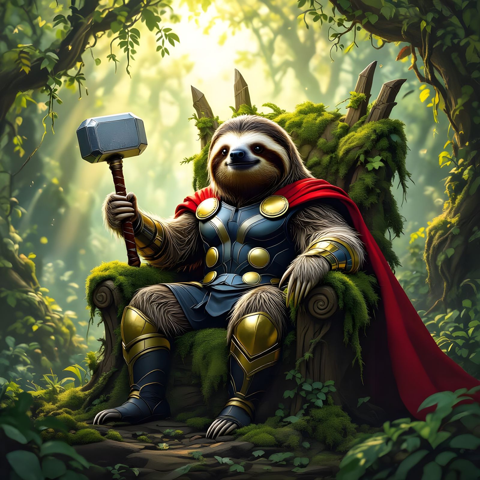 Sloth King Thor on Mossy Throne in Enchanted Forest