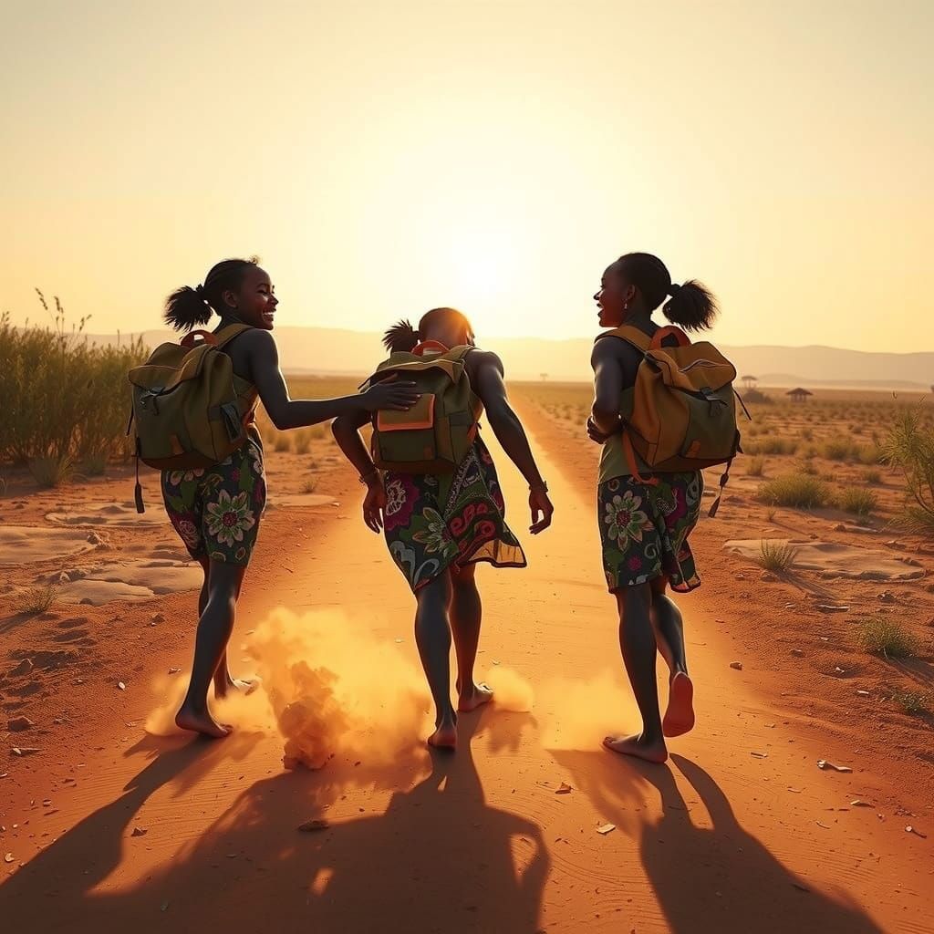 Joyful African Children Stand Together in Vibrant Savanna La...