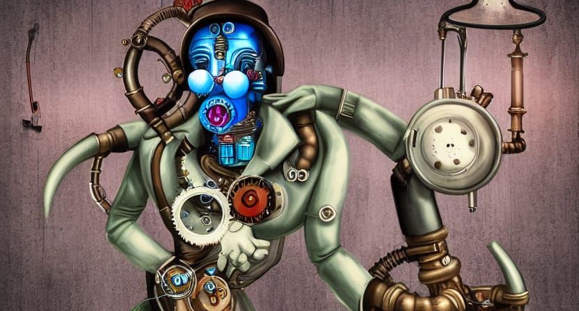 Digital Artwork, A Crazy Cybernetic Steampunk Jester Moving Through Time