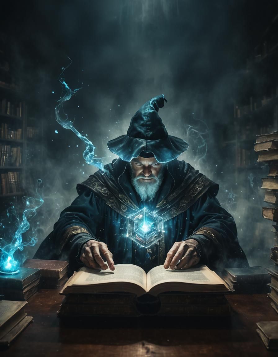 Arcane Wizard with Floating Tome, Double Exposure