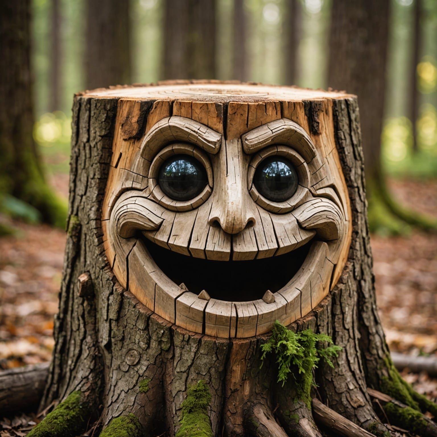 Funny Face Carved in Wood Stump Photo