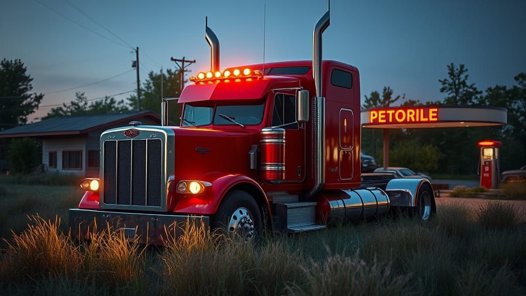 Surreal Peterbilt Bobtail in Vintage Gas Station at Dusk