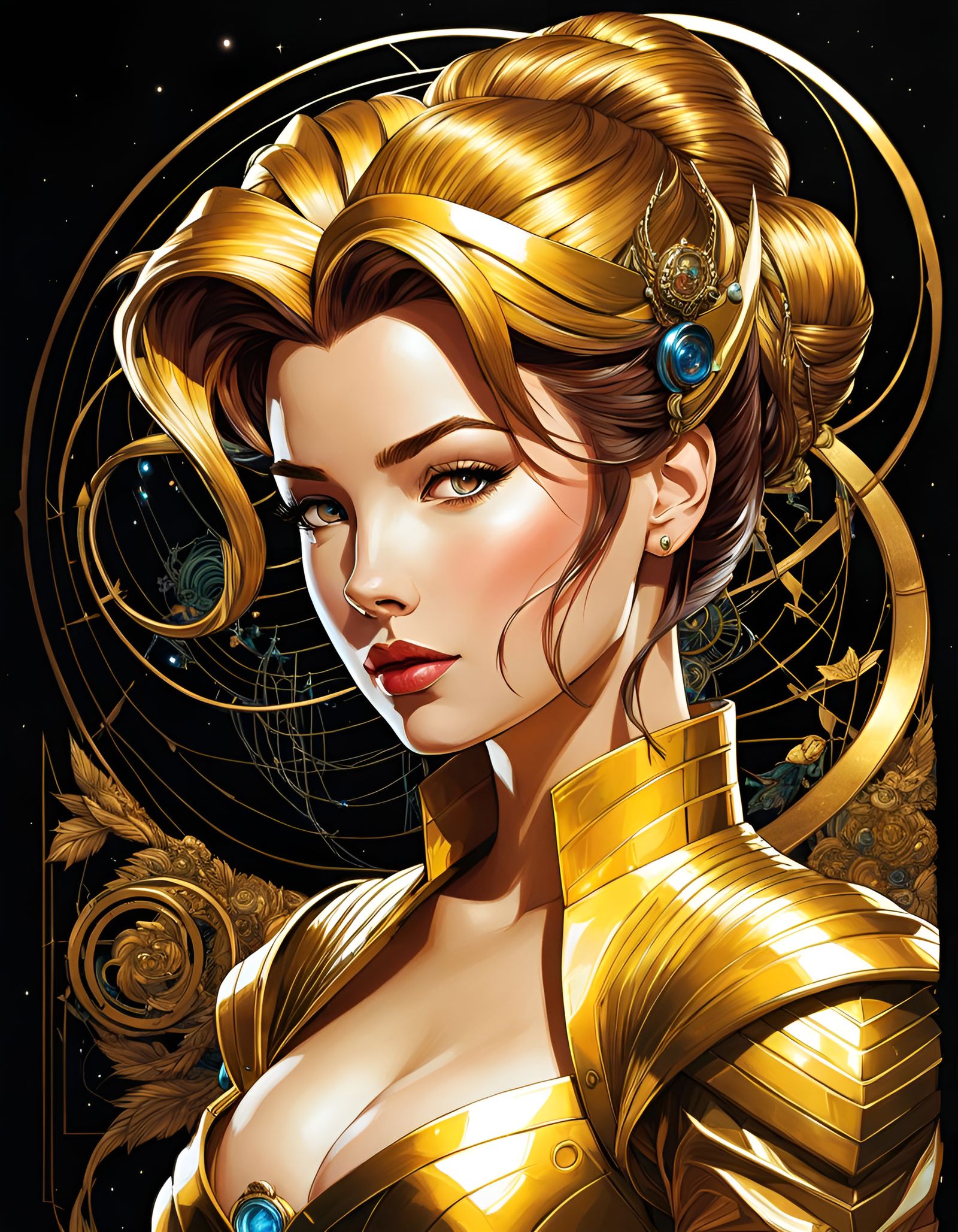 Cyberpunk Princess Belle with Golden Outlines
