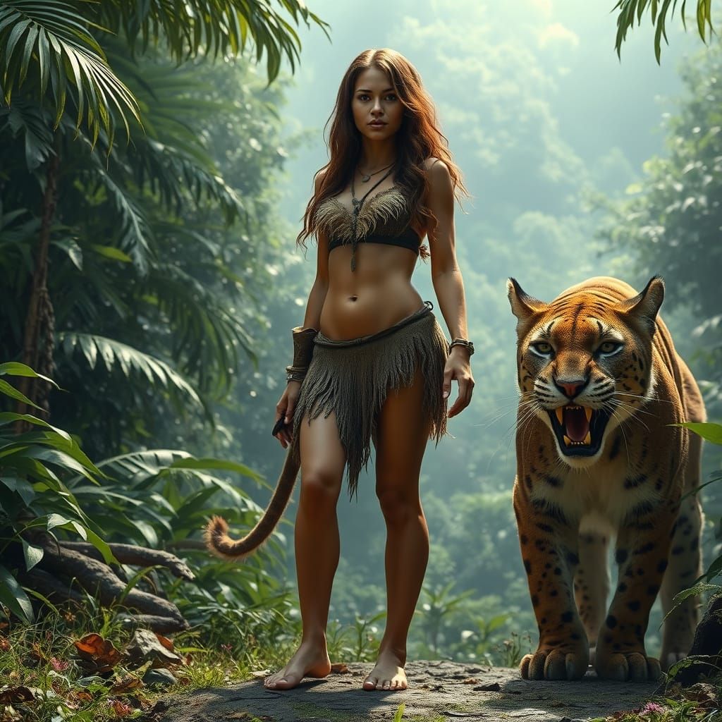 Cavewoman and Cougar in Prehistoric Jungle