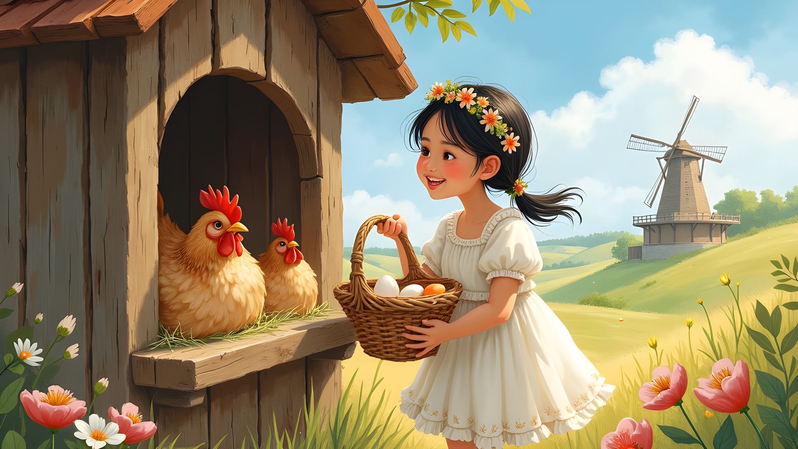 Filipina Girl Collecting Eggs: Watercolor Illustration