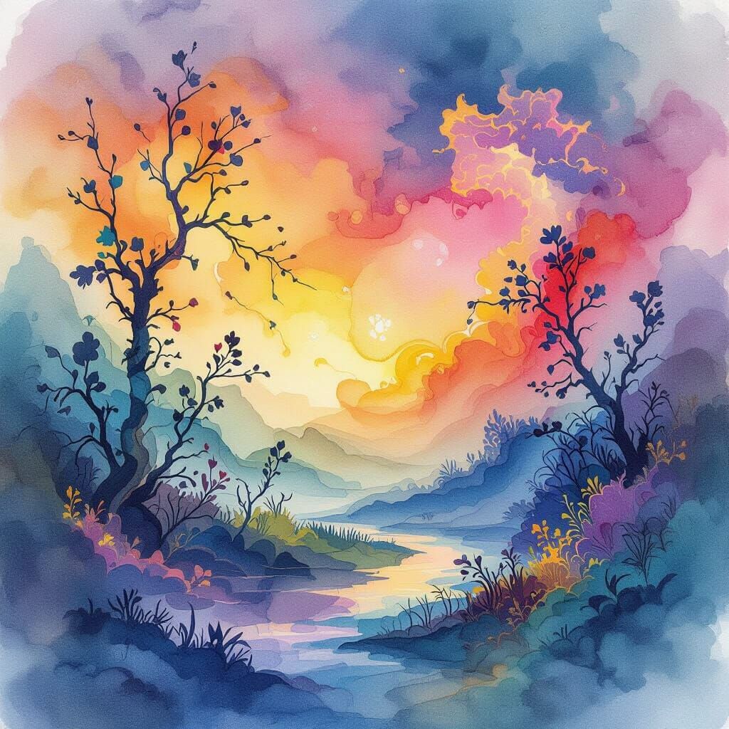Whimsical Fantastical Landscape in Watercolor Style
