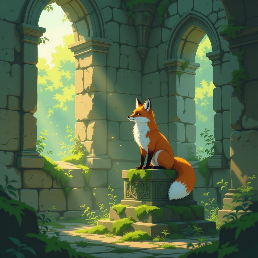 Moonlit Fox on Ancient Statue in Ghibli Anime Style