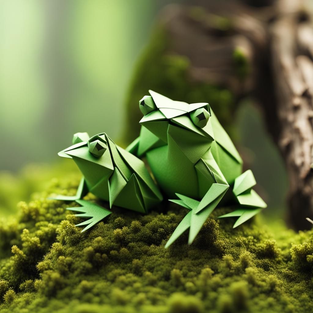 Origami Frogs on Mossy Tree Trunk