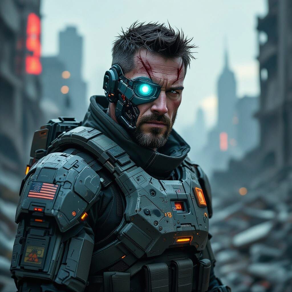 Cyborg Soldier in Dystopian Future Cityscape