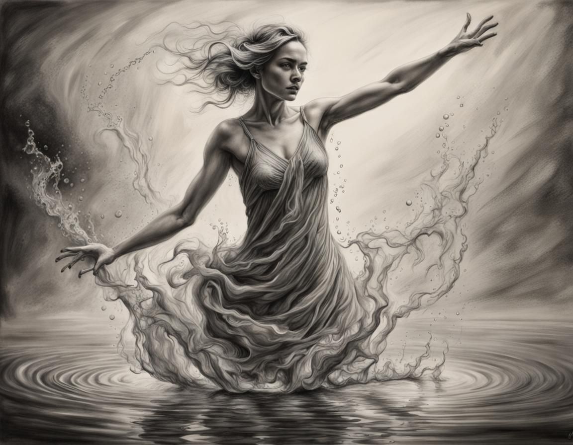Woman Dancing on Water: A Charcoal Drawing