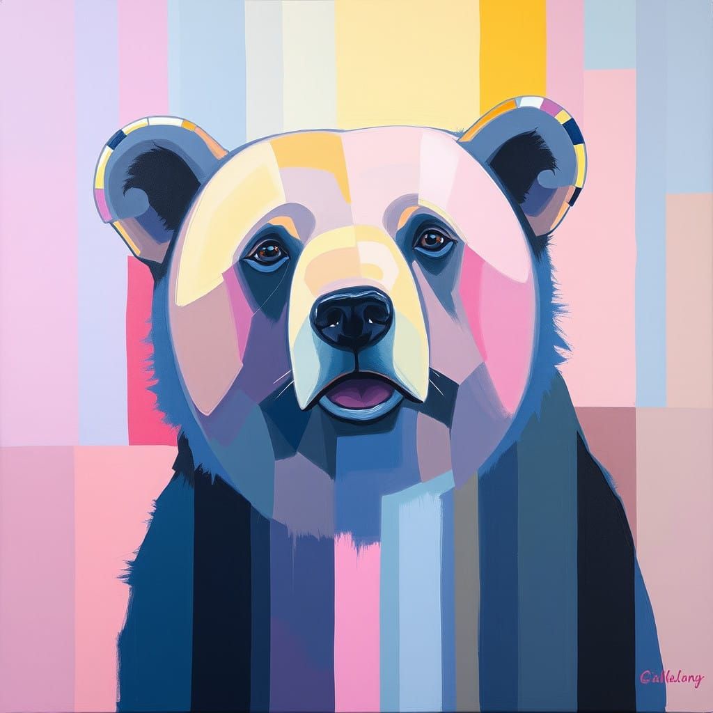Abstract Art in Neon Hues with a Bear, Inspired by Mondrian