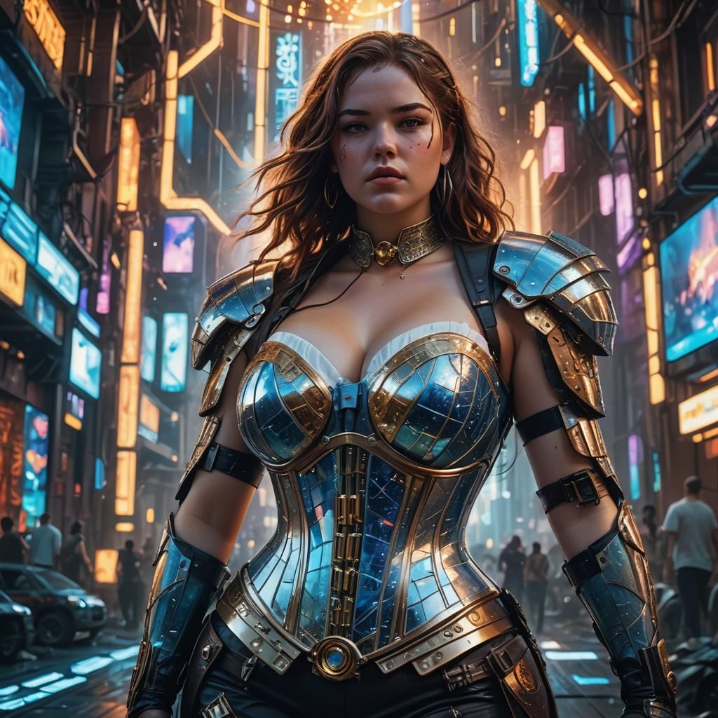 Plus-Size Woman in Cyberpunk Holographic World