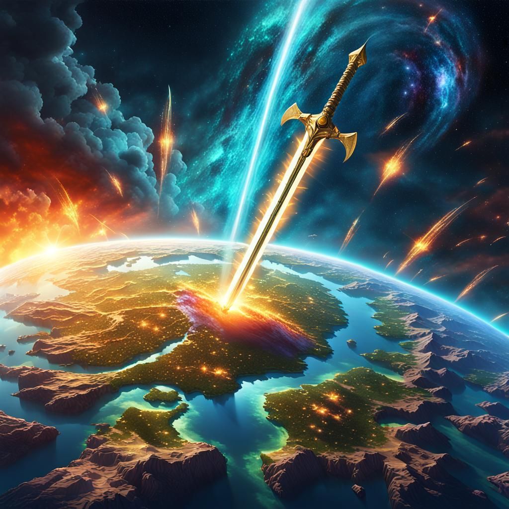Giant Sword Pierces Earth in Cosmic Fantasy Landscape