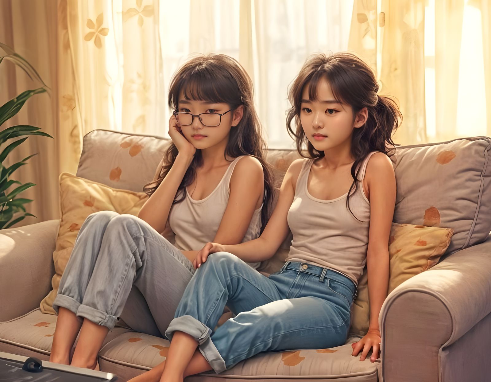 Korean Teen Girls Relaxing on Couch