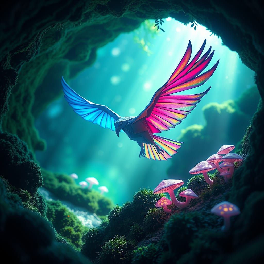 Bioluminescent Origami Eagle in Emerald Cave