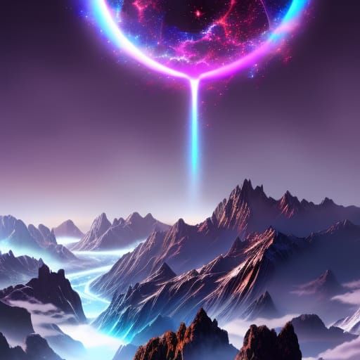 Cosmic Cyberpunk Landscape in Mixed Media