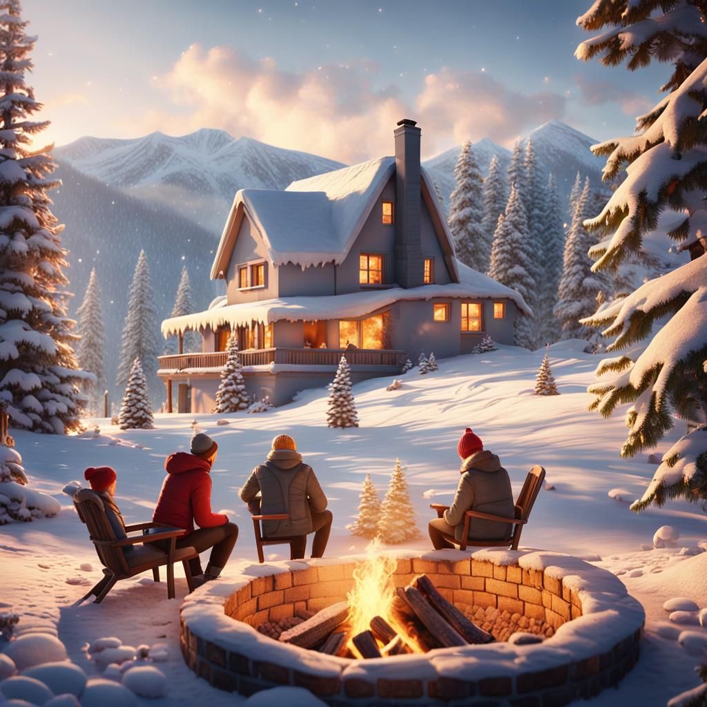 Winter Christmas: People Laughing by Fire in Snowy Mountains