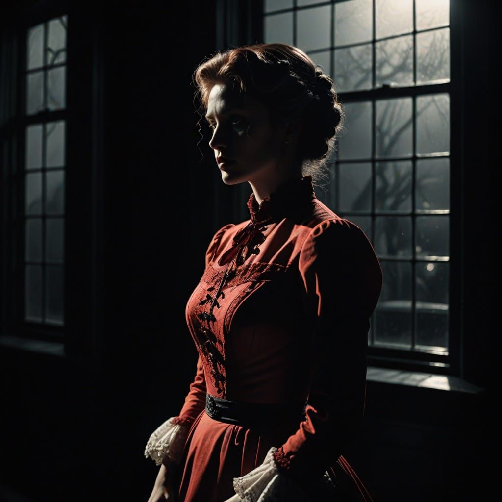 Film Noir Woman in Red Dress by Window