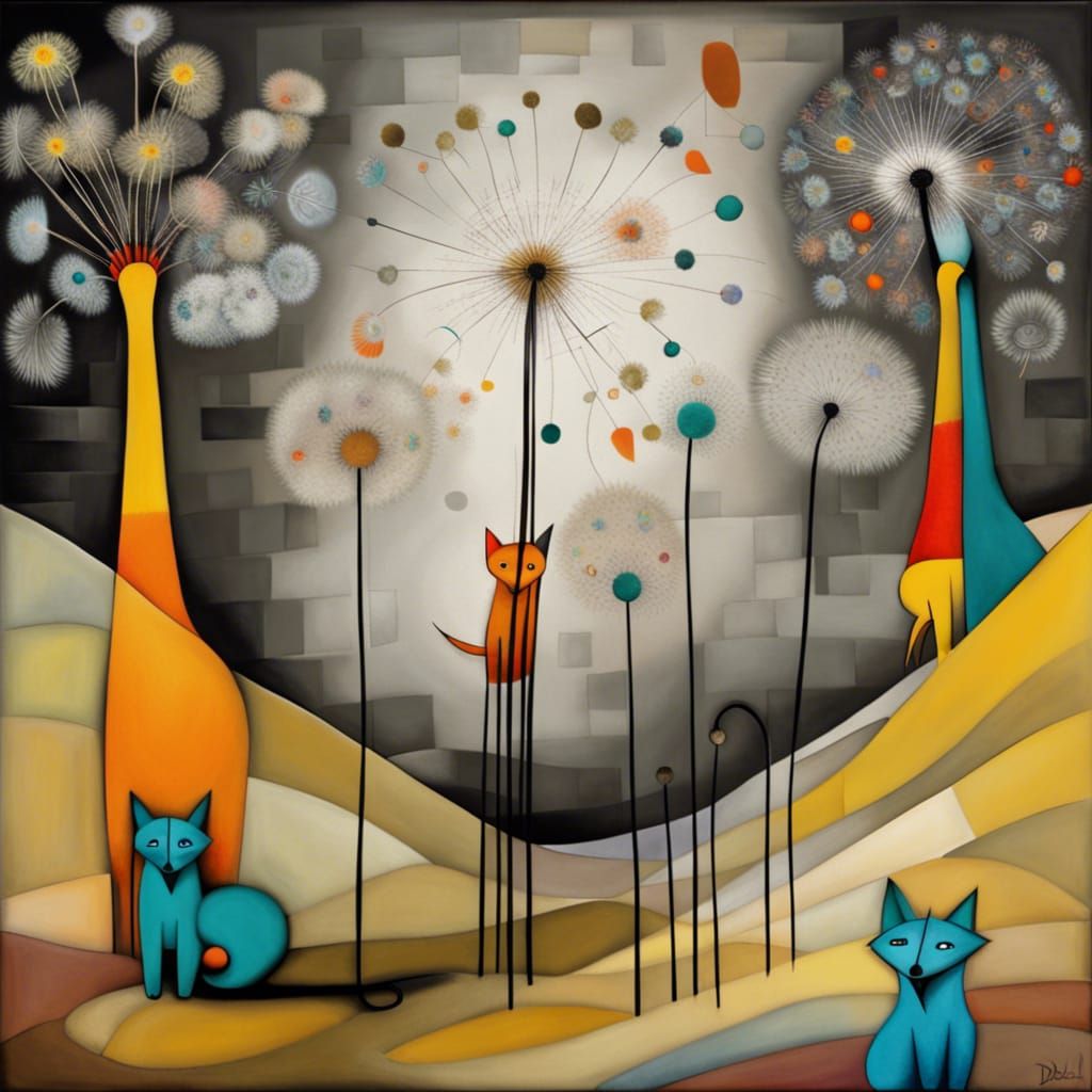 Foxes in a Surreal Dandelion Dreamscape