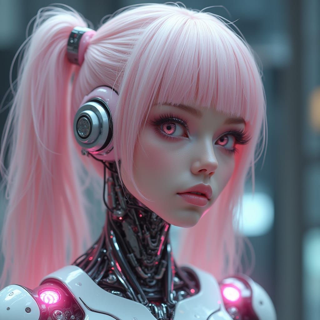 Cybernetic Goddess with Pastel Pink Hair in Futuristic Chrom...