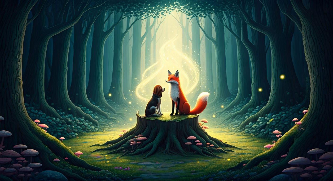 Enchanted Forest Clearing with Fox and Hound in Soft Light