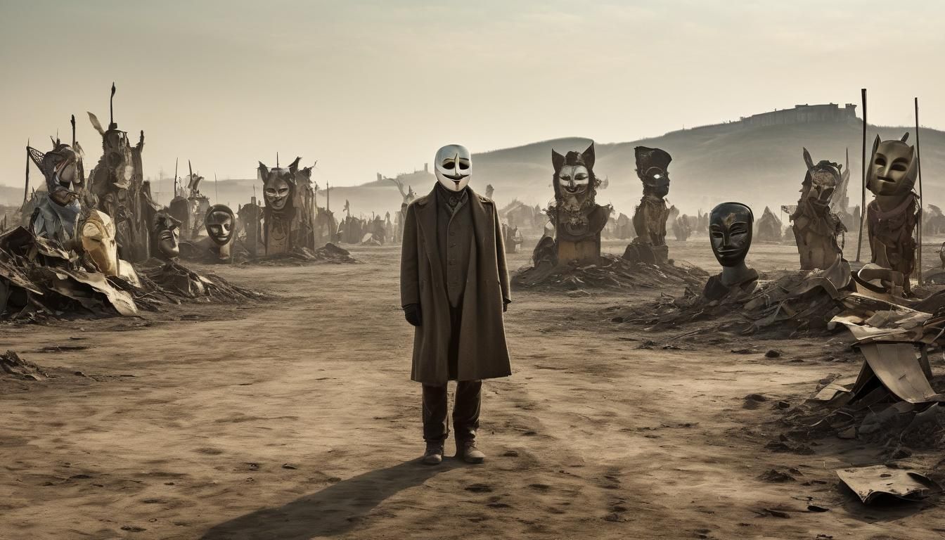 Surreal Figure in Desolate Landscape with Carnival Masks