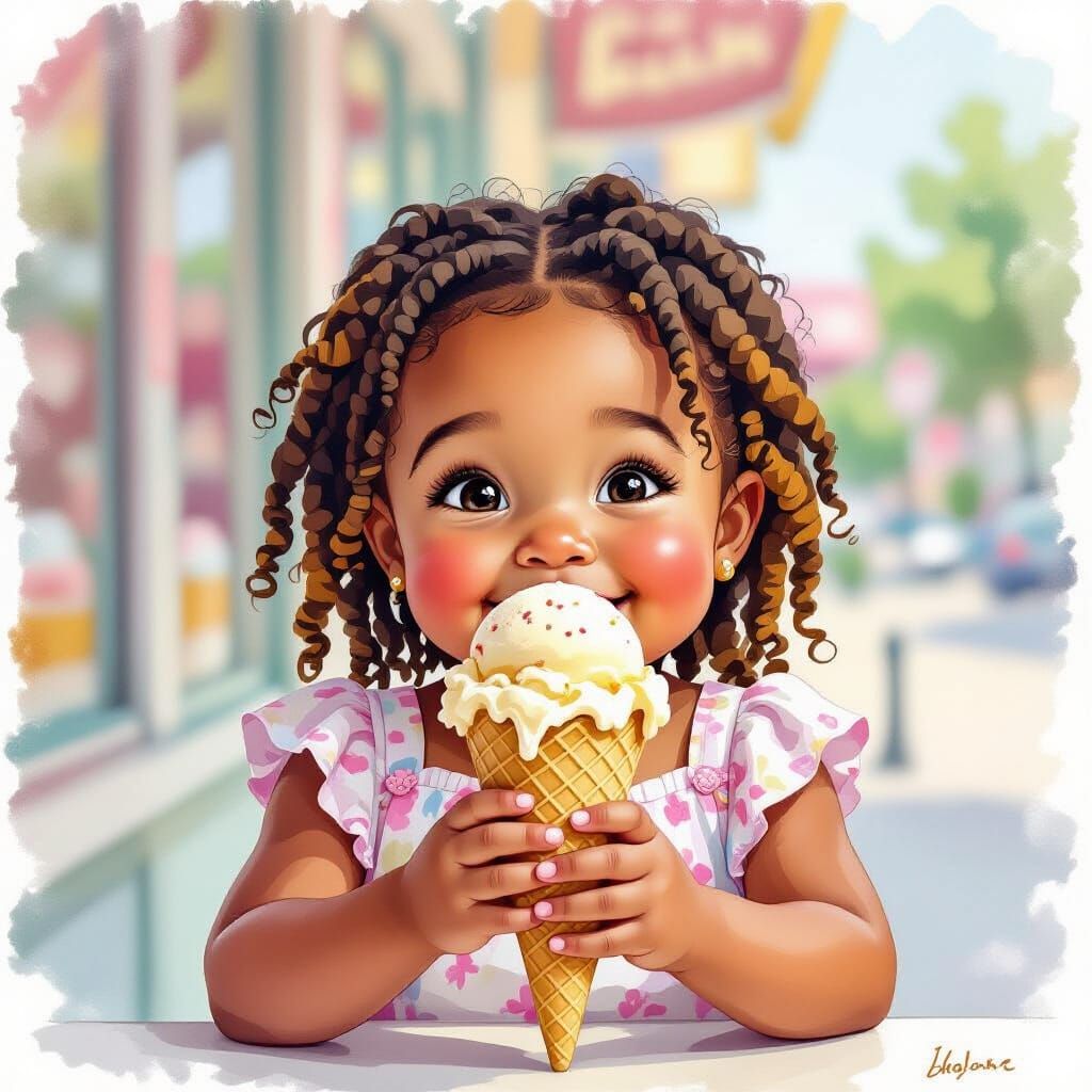 Happy Girl at Ice Cream Parlor, Watercolor Style