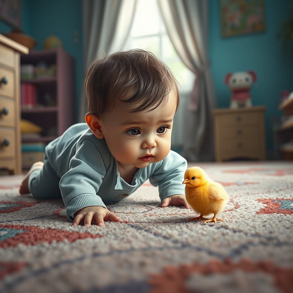 Joyful Baby Discovers a Small Yellow Chick in a Whimsical Ch...