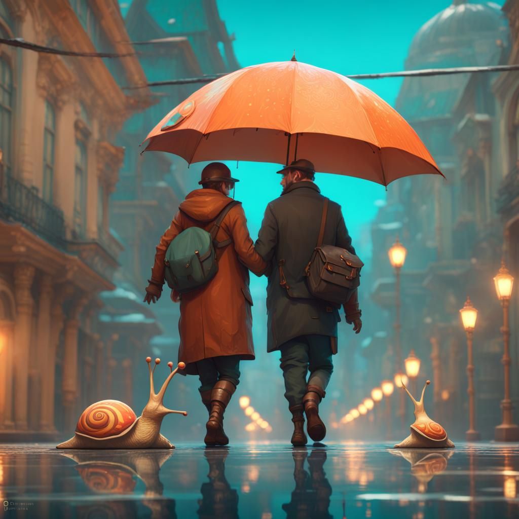 Snail Couples with Umbrella in Hyperdetailed Art