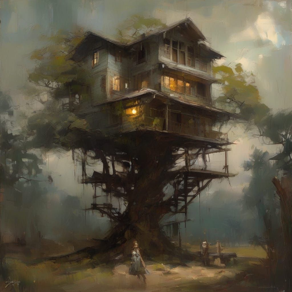 Surrealistic Treehouse in Moody, Retro Style with Dramatic L...