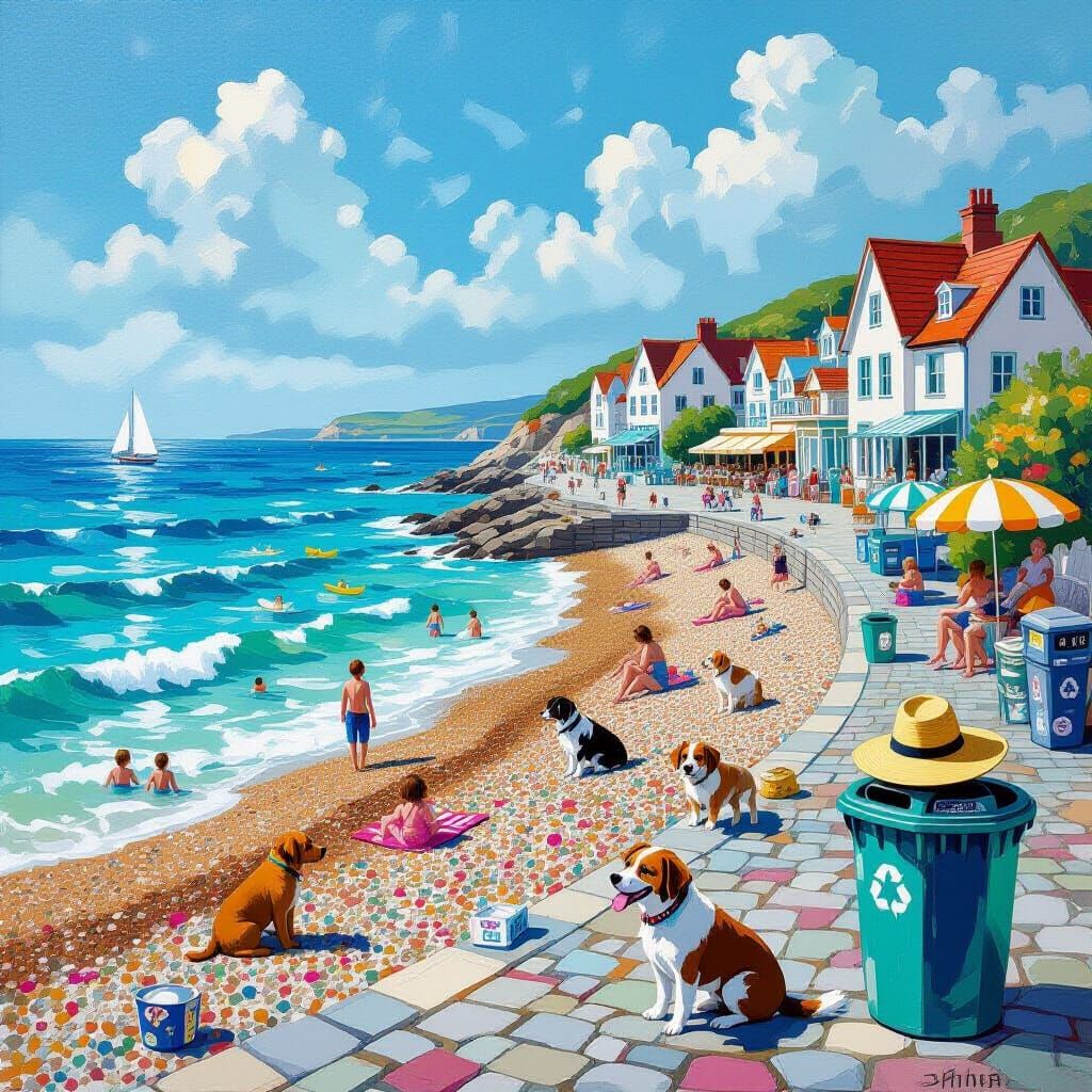 Humorous Seaside Scene in Oil Painting Style