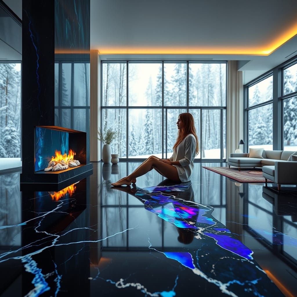 Luxury Interior with Gemstone Fireplace and Forest View