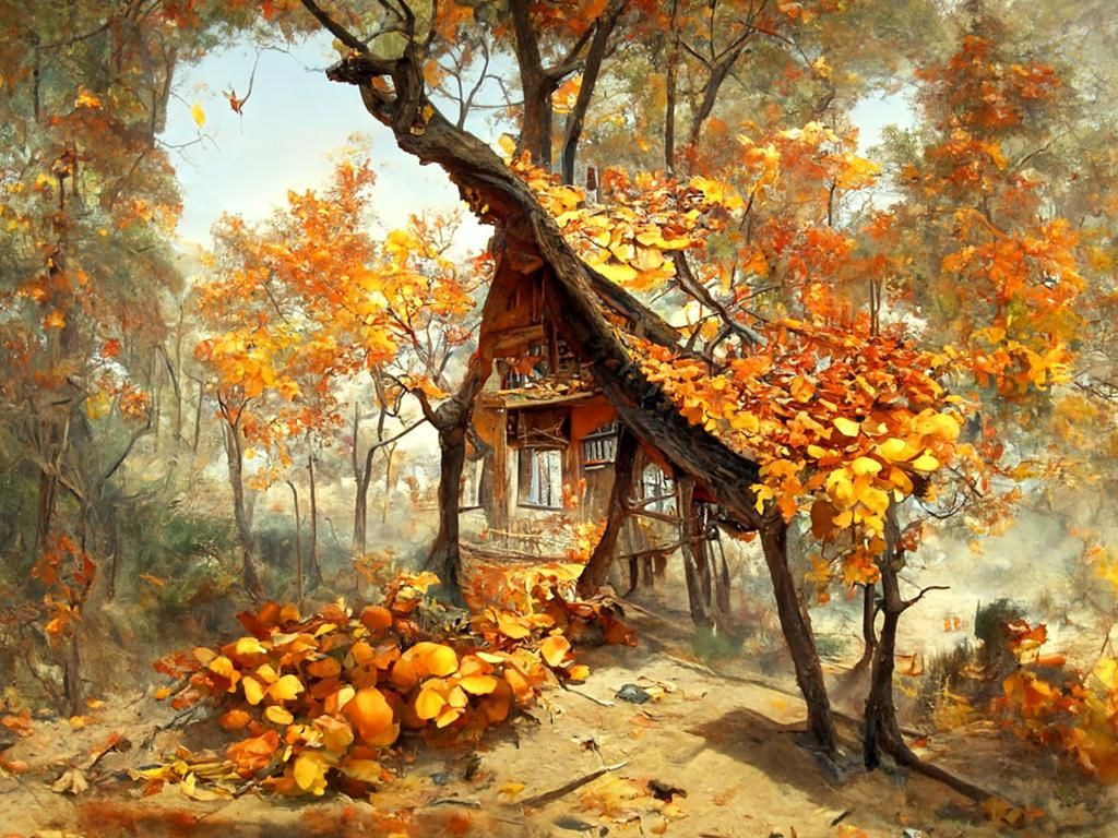 Autumn Treehouse Village in Oil Painting Style