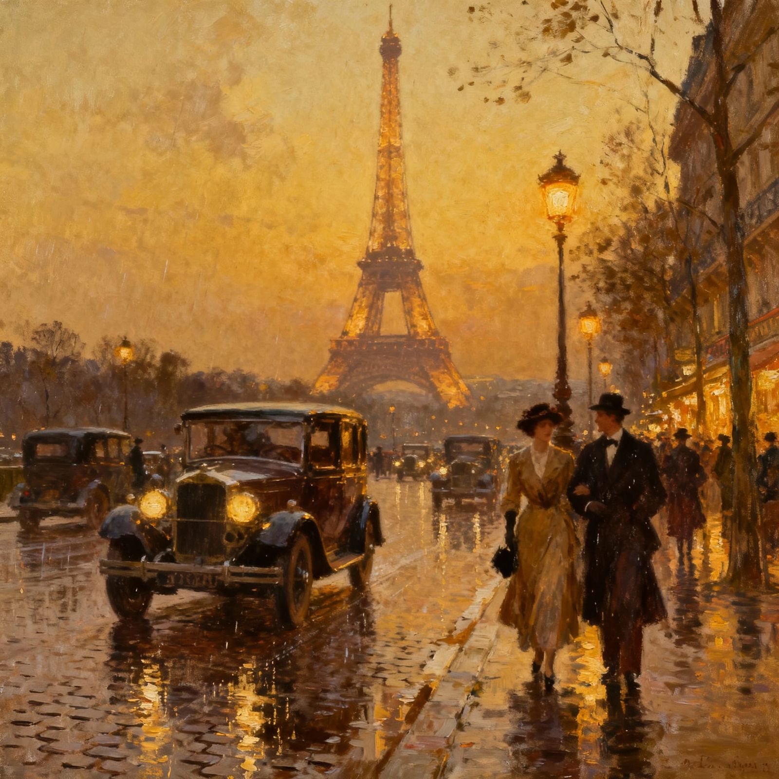 1920s Paris Street Scene at Dusk, Impressionistic Style