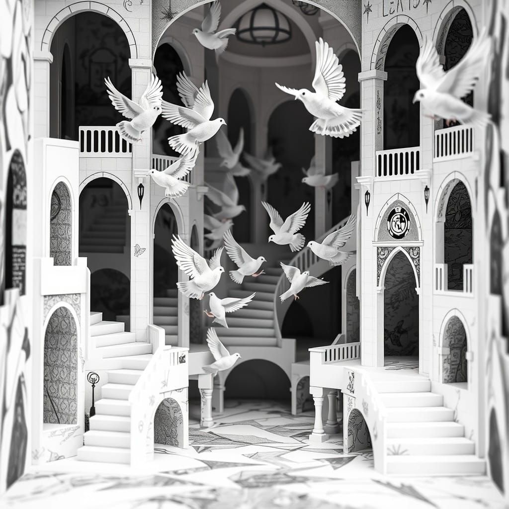 Escher-Inspired Black and White Pop-Up Scenes of Peaceful Do...