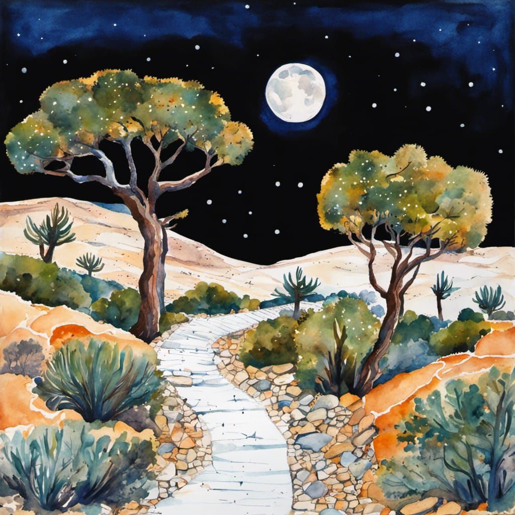 Mediterranean Moonscape with Juniper Trees in Watercolor